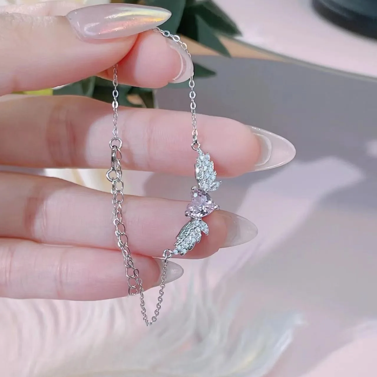 Pink Rhinestones Heart Metal Wings Charms Bracelets for Women Korean Fashion Girls Sweet Bracelet Party Jewelry Gifts Wholesale