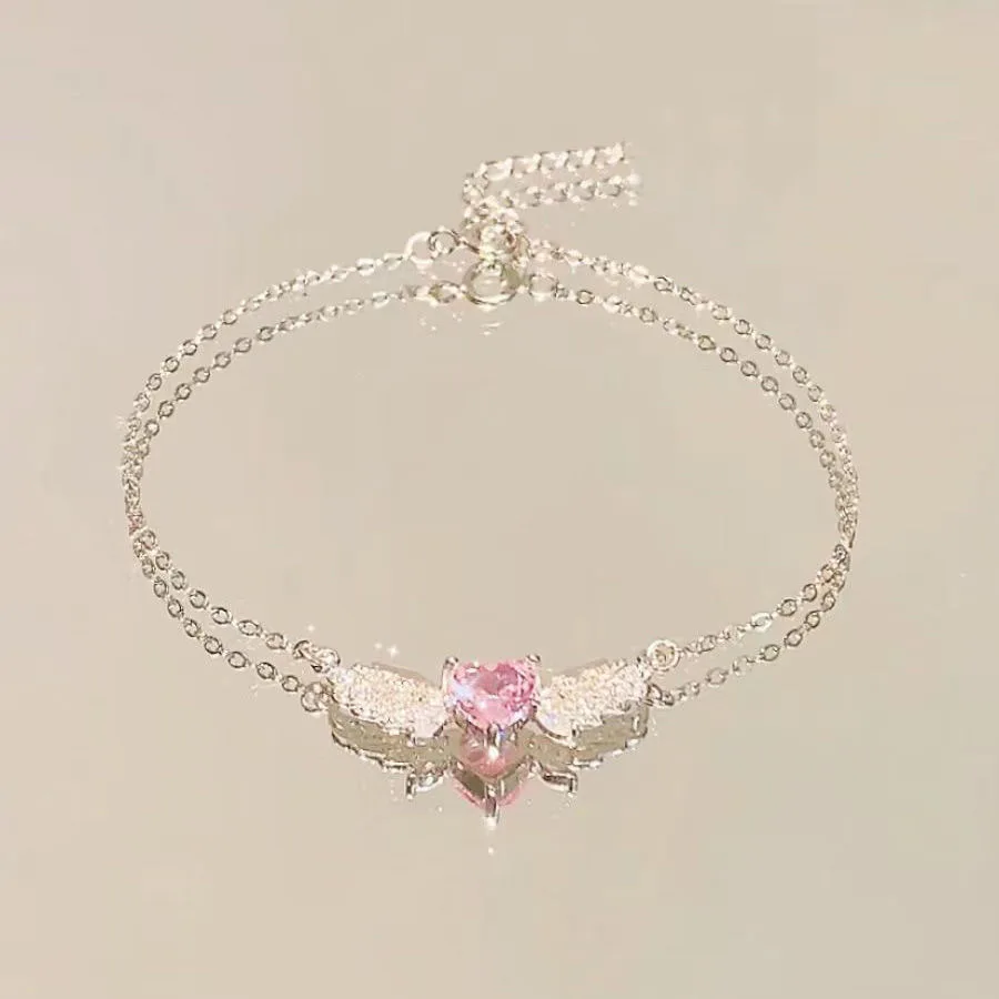 Pink Rhinestones Heart Metal Wings Charms Bracelets for Women Korean Fashion Girls Sweet Bracelet Party Jewelry Gifts Wholesale