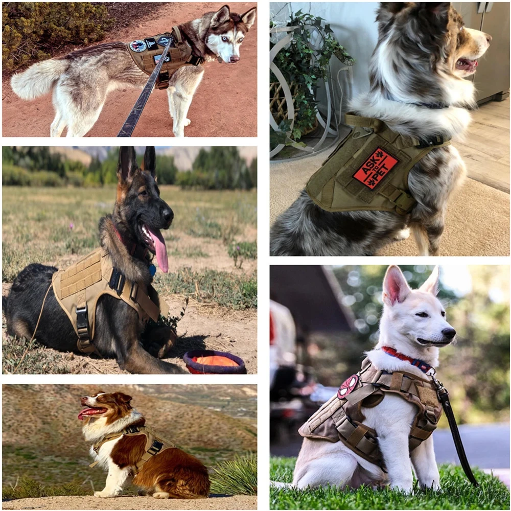 Military Large Dog Harness Collar Leash Bags Patches Set Pet Malinois Training Vests Tactical Dogs Harnesses Accessories