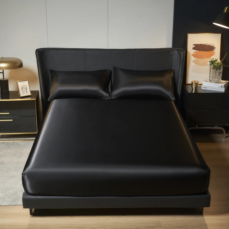 1/3Pc Satin Fitted Sheet Solid Colour Single Twin Full Queen King Ice Silk Mattress Cover Natural With Elastic Band Bed Sheet