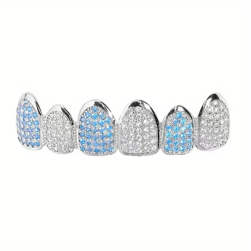 HipHop Bling Full Zircon Blue Teeth Grillz Caps For Unisex Cubic Zircon Micro Pave Top&Bottom Grills Set Party Hip Hop Jewelry