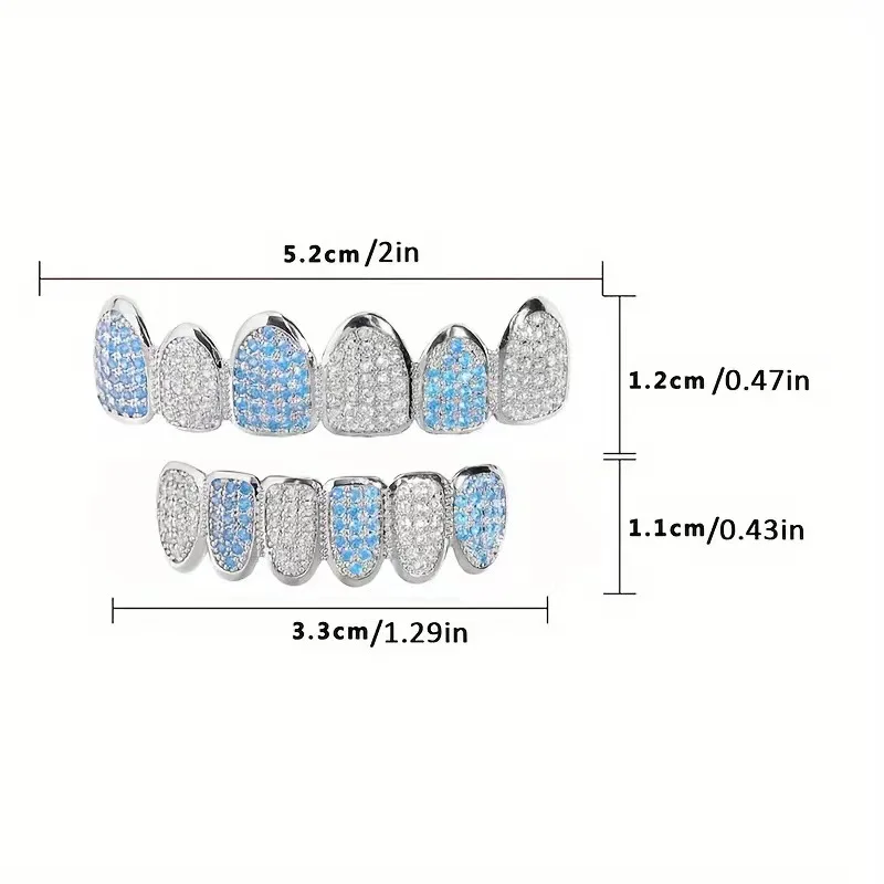 HipHop Bling Full Zircon Blue Teeth Grillz Caps For Unisex Cubic Zircon Micro Pave Top&Bottom Grills Set Party Hip Hop Jewelry