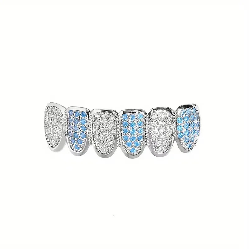 HipHop Bling Full Zircon Blue Teeth Grillz Caps For Unisex Cubic Zircon Micro Pave Top&Bottom Grills Set Party Hip Hop Jewelry