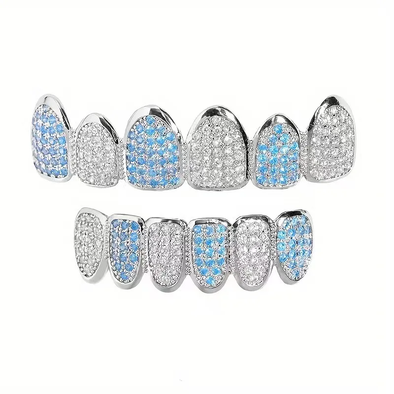 HipHop Bling Full Zircon Blue Teeth Grillz Caps For Unisex Cubic Zircon Micro Pave Top&Bottom Grills Set Party Hip Hop Jewelry