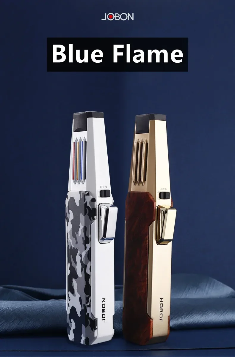JOBON Metal Outdoor Windproof Turbine Torch Strong Fire Power Blue Flame Straight Butane Gas Lighter Gas Kitchen BBQ Welding