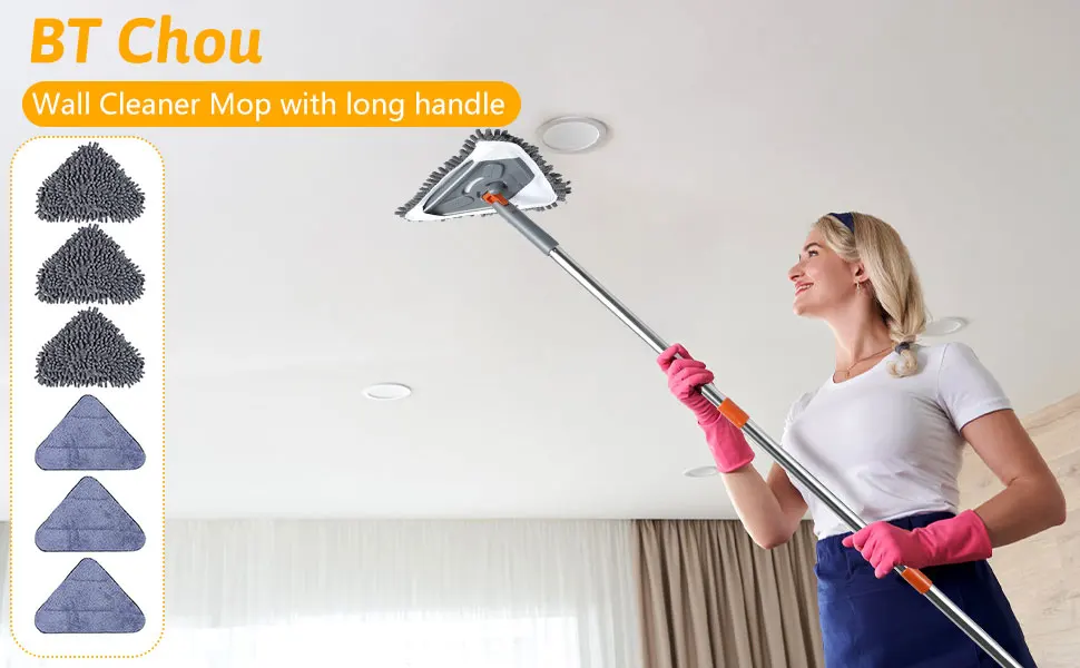 Wall Mop with Long Handle 360 ° Rotating Triangle Microfiber Wall Cleaning Mop Adjustable Dry and Wet Dust Mop Cleaner for Floor