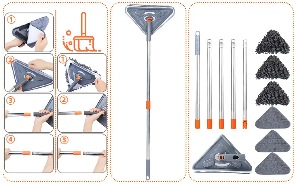 Wall Mop with Long Handle 360 ° Rotating Triangle Microfiber Wall Cleaning Mop Adjustable Dry and Wet Dust Mop Cleaner for Floor