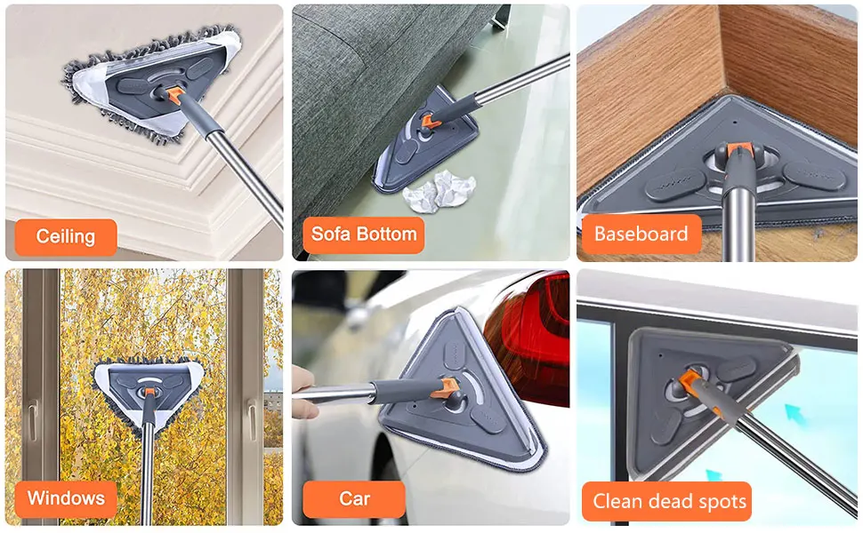 Wall Mop with Long Handle 360 ° Rotating Triangle Microfiber Wall Cleaning Mop Adjustable Dry and Wet Dust Mop Cleaner for Floor