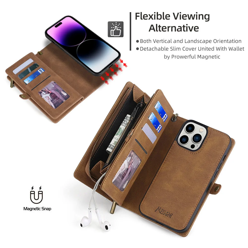 Luxury Leather Zipper Wallet Card Slot Phone Case for iPhone 17 Pro Max Air 16 E 15 14 13 12 11 X XS Max Flip Purse Stand Cover