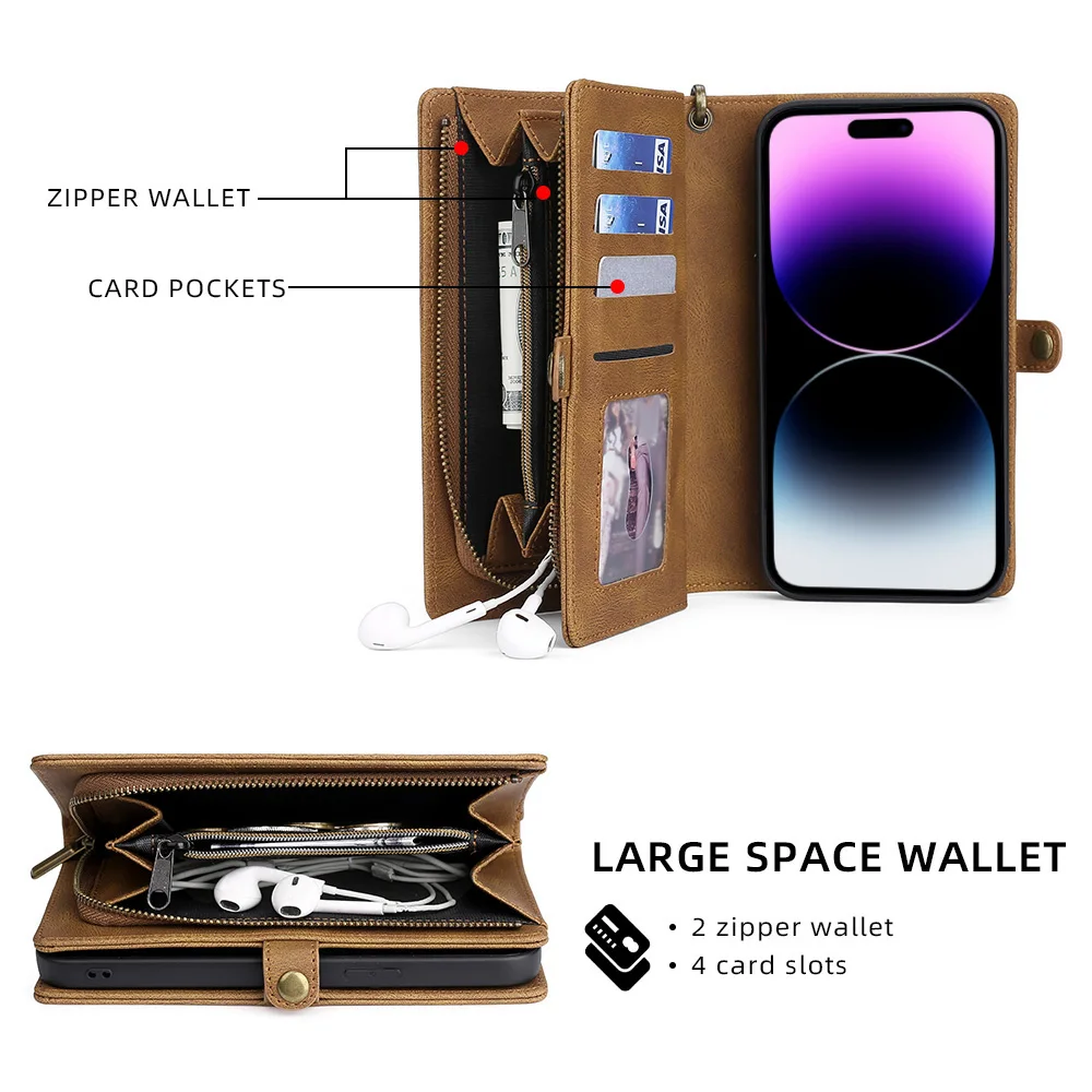 Luxury Leather Zipper Wallet Card Slot Phone Case for iPhone 17 Pro Max Air 16 E 15 14 13 12 11 X XS Max Flip Purse Stand Cover
