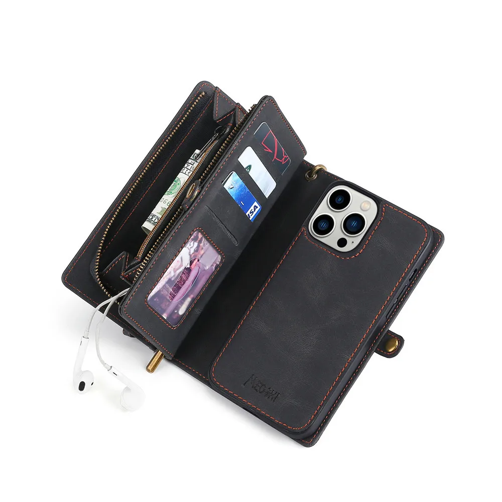 Luxury Leather Zipper Wallet Card Slot Phone Case for iPhone 17 Pro Max Air 16 E 15 14 13 12 11 X XS Max Flip Purse Stand Cover