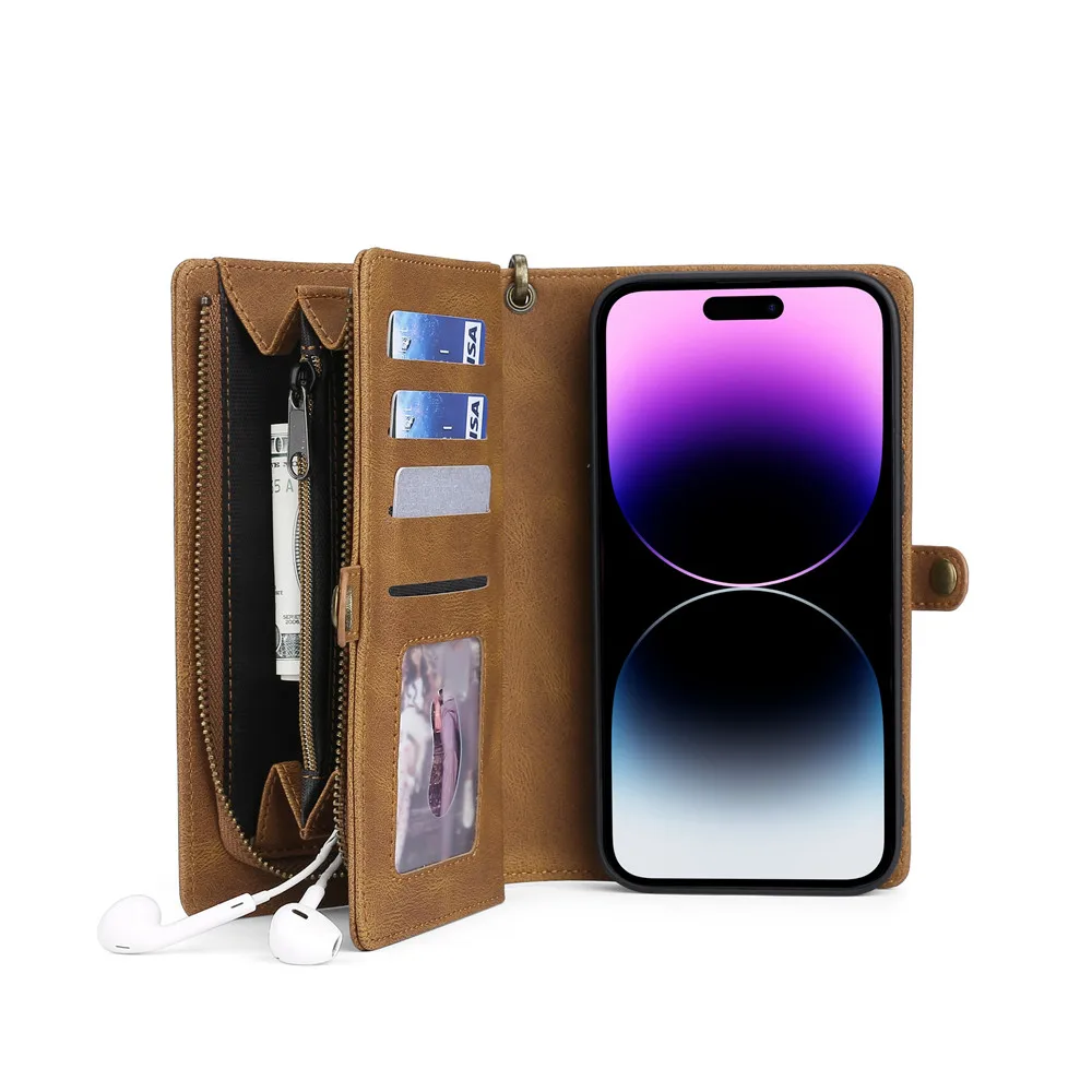 Luxury Leather Zipper Wallet Card Slot Phone Case for iPhone 17 Pro Max Air 16 E 15 14 13 12 11 X XS Max Flip Purse Stand Cover