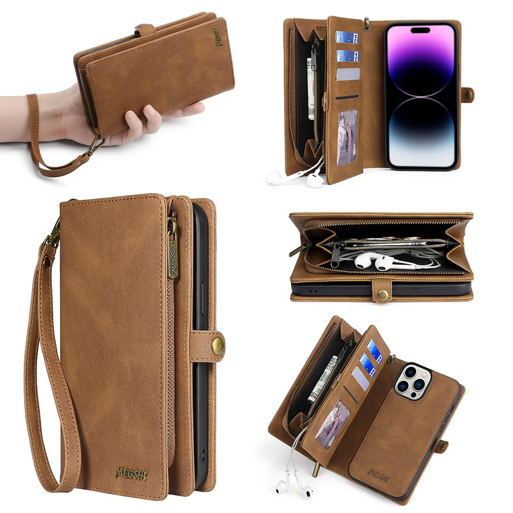 Luxury Leather Zipper Wallet Card Slot Phone Case for iPhone 17 Pro Max Air 16 E 15 14 13 12 11 X XS Max Flip Purse Stand Cover