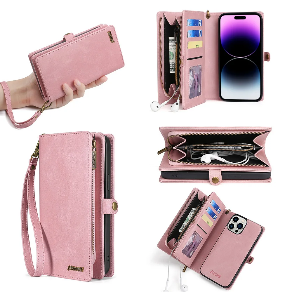 Luxury Leather Zipper Wallet Card Slot Phone Case for iPhone 17 Pro Max Air 16 E 15 14 13 12 11 X XS Max Flip Purse Stand Cover