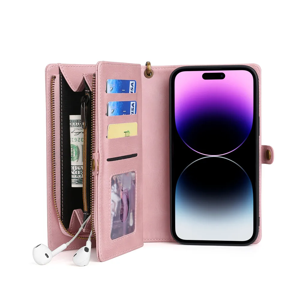 Luxury Leather Zipper Wallet Card Slot Phone Case for iPhone 17 Pro Max Air 16 E 15 14 13 12 11 X XS Max Flip Purse Stand Cover