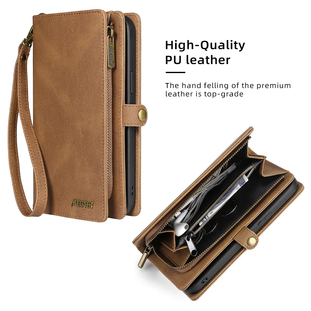 Luxury Leather Zipper Wallet Card Slot Phone Case for iPhone 17 Pro Max Air 16 E 15 14 13 12 11 X XS Max Flip Purse Stand Cover