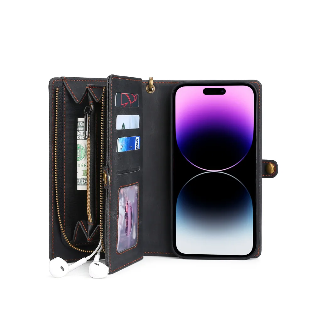 Luxury Leather Zipper Wallet Card Slot Phone Case for iPhone 17 Pro Max Air 16 E 15 14 13 12 11 X XS Max Flip Purse Stand Cover