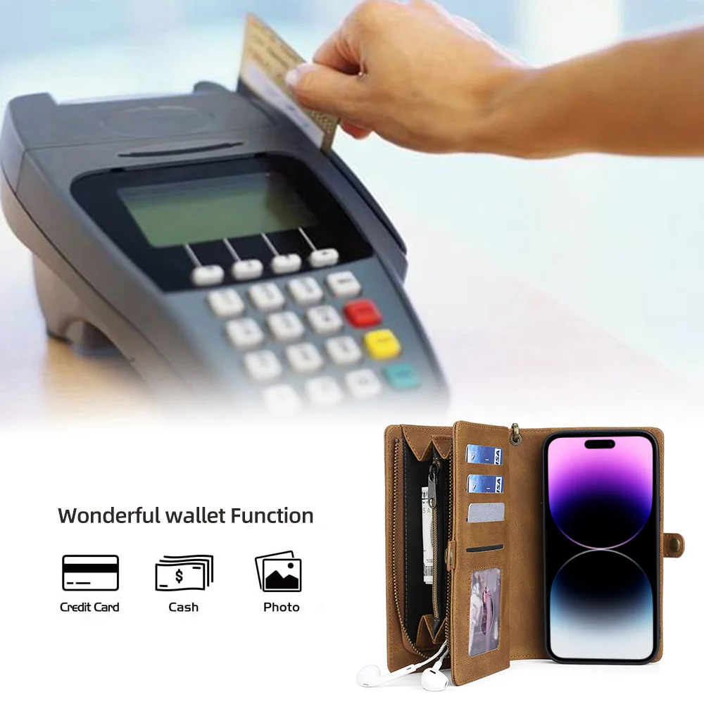 Luxury Leather Zipper Wallet Card Slot Phone Case for iPhone 17 Pro Max Air 16 E 15 14 13 12 11 X XS Max Flip Purse Stand Cover