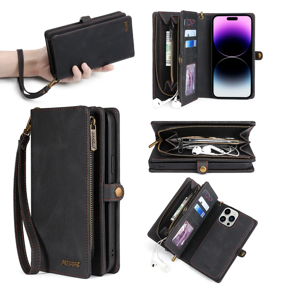 Luxury Leather Zipper Wallet Card Slot Phone Case for iPhone 17 Pro Max Air 16 E 15 14 13 12 11 X XS Max Flip Purse Stand Cover