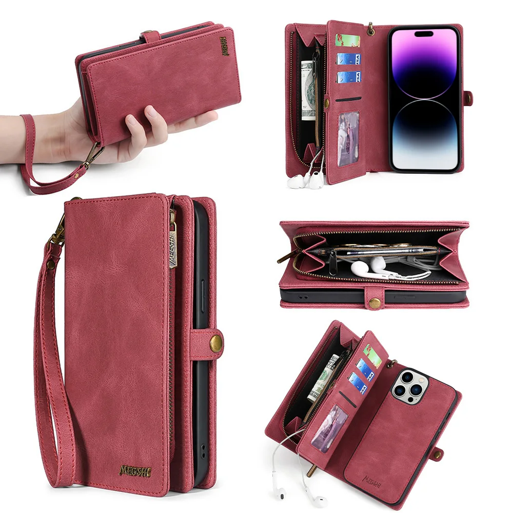 Luxury Leather Zipper Wallet Card Slot Phone Case for iPhone 17 Pro Max Air 16 E 15 14 13 12 11 X XS Max Flip Purse Stand Cover
