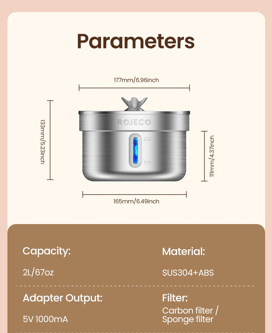 ROJECO Stainless Steel Cat Water Fountain Filters 2L Automatic Pet Water Dispenser Smart Drinking Fountain for Cat Dog Supplies