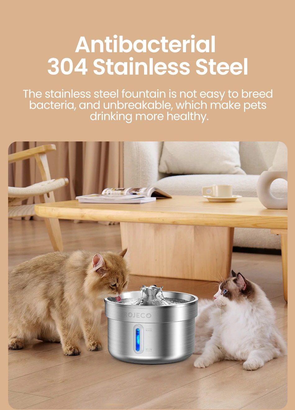 ROJECO Stainless Steel Cat Water Fountain Filters 2L Automatic Pet Water Dispenser Smart Drinking Fountain for Cat Dog Supplies