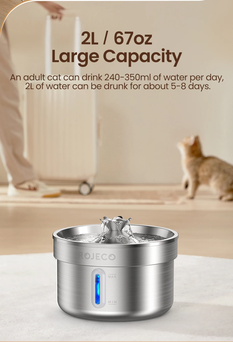 ROJECO Stainless Steel Cat Water Fountain Filters 2L Automatic Pet Water Dispenser Smart Drinking Fountain for Cat Dog Supplies