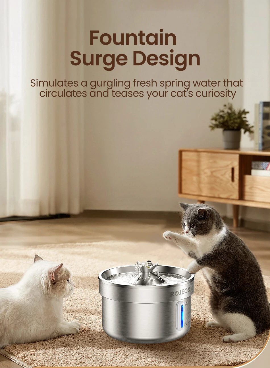 ROJECO Stainless Steel Cat Water Fountain Filters 2L Automatic Pet Water Dispenser Smart Drinking Fountain for Cat Dog Supplies