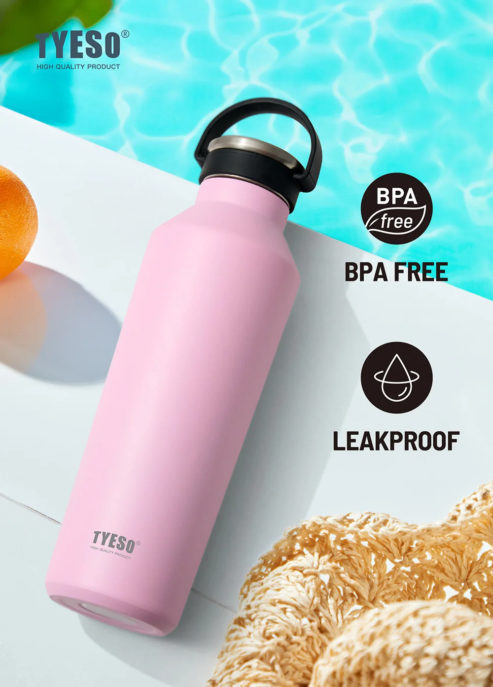 Tyeso Stainless Steel Vacuum Insulated Water Bottle Portable Durable Leak-Proof for Outdoor Sports Matte Finish Carry Handle