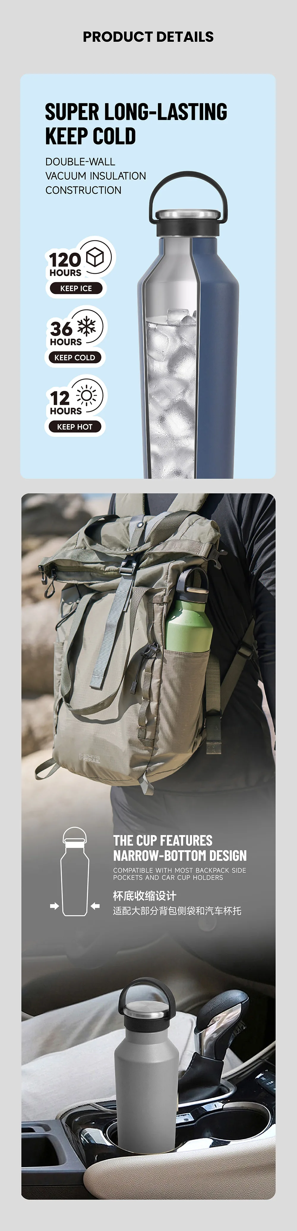 Tyeso Stainless Steel Vacuum Insulated Water Bottle Portable Durable Leak-Proof for Outdoor Sports Matte Finish Carry Handle