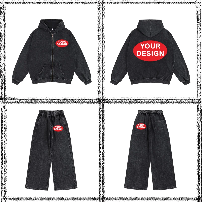 Wax Dyed Wool Zipper Hooded Sweatshirt Pants Set Custom Logo Printing Embroidery Retro Washed Old Street Set