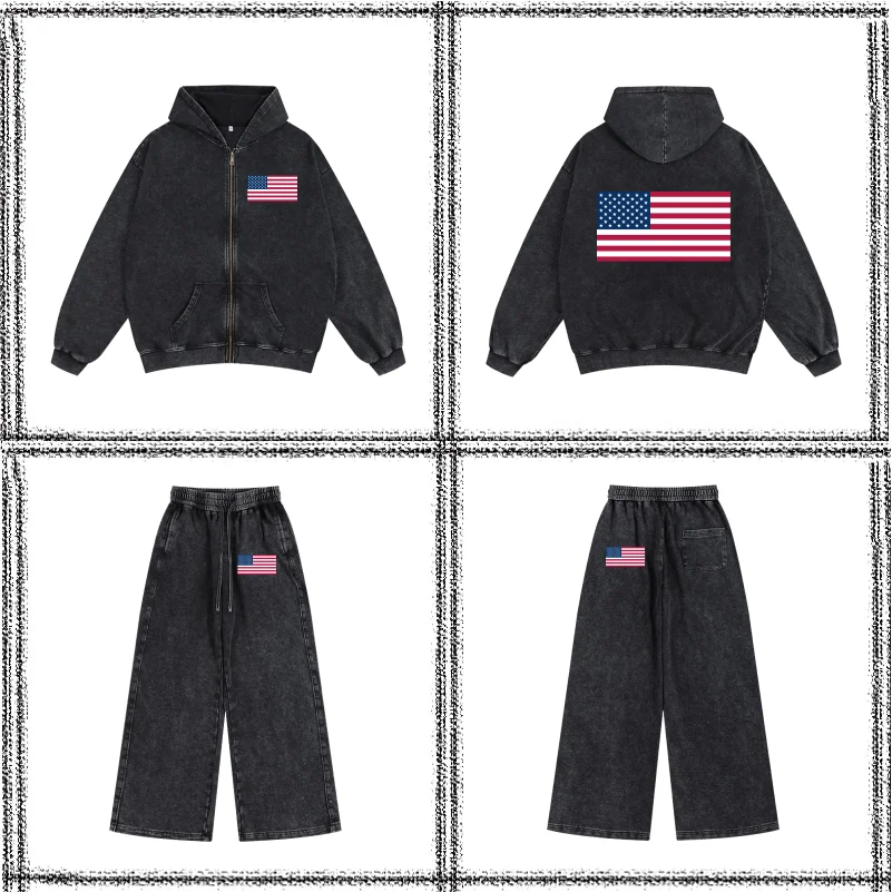 Wax Dyed Wool Zipper Hooded Sweatshirt Pants Set Custom Logo Printing Embroidery Retro Washed Old Street Set