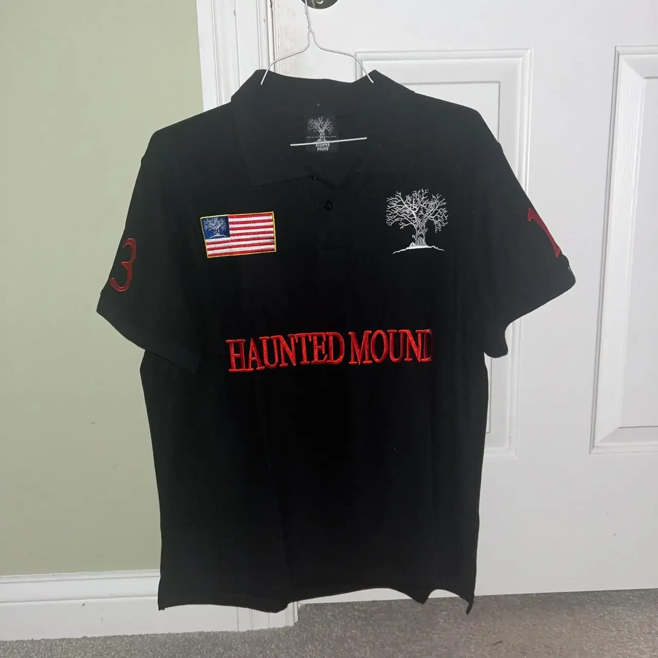 Haunted Mound Polo Shirt America Retro Street Hip Hop Short Sleeve Shirt Y2k Men Casual Embroidery Cotton Top Baseball Clothing