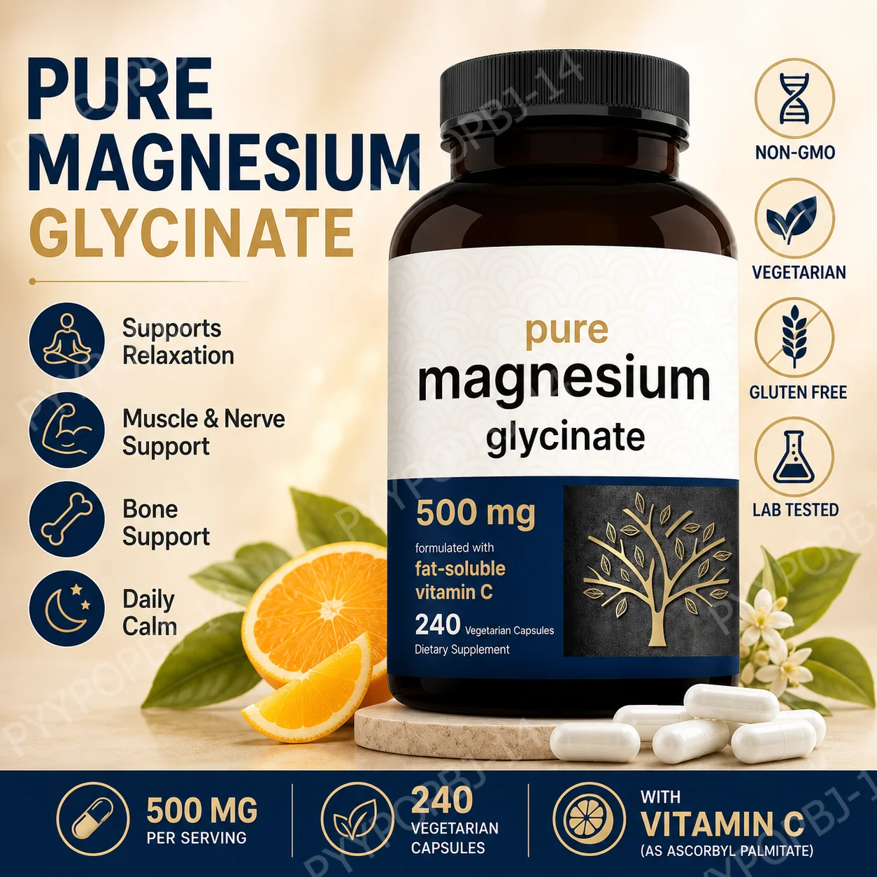 Pure Magnesium Glycinate 500mg Capsules with Vitamin C Supports Relaxation Muscle Nerve Health Bone Support 240 Capsules