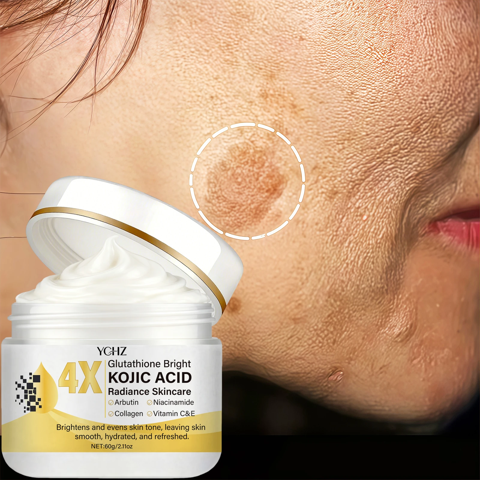 Kojic Acid Cream, Evens Out Skin Tone, Eliminates Dark Spots and Dullness - Non-Greasy, Suitable for Both Men and Women - Whitening and Moisturizing Cream, for Day and Night Use - 60g