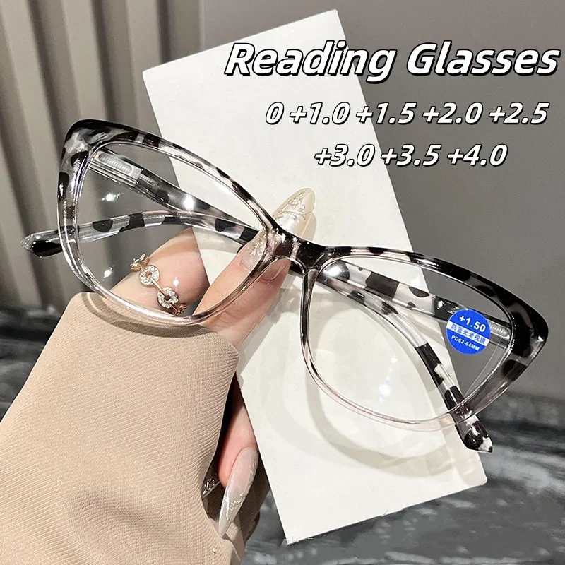 Women's Fashion Cat Eye Reading Glasses Men Vintage Blue Light Blocking Eyewear Retro Ultralight Far Sight Presbyopia 0+1.0+4.0