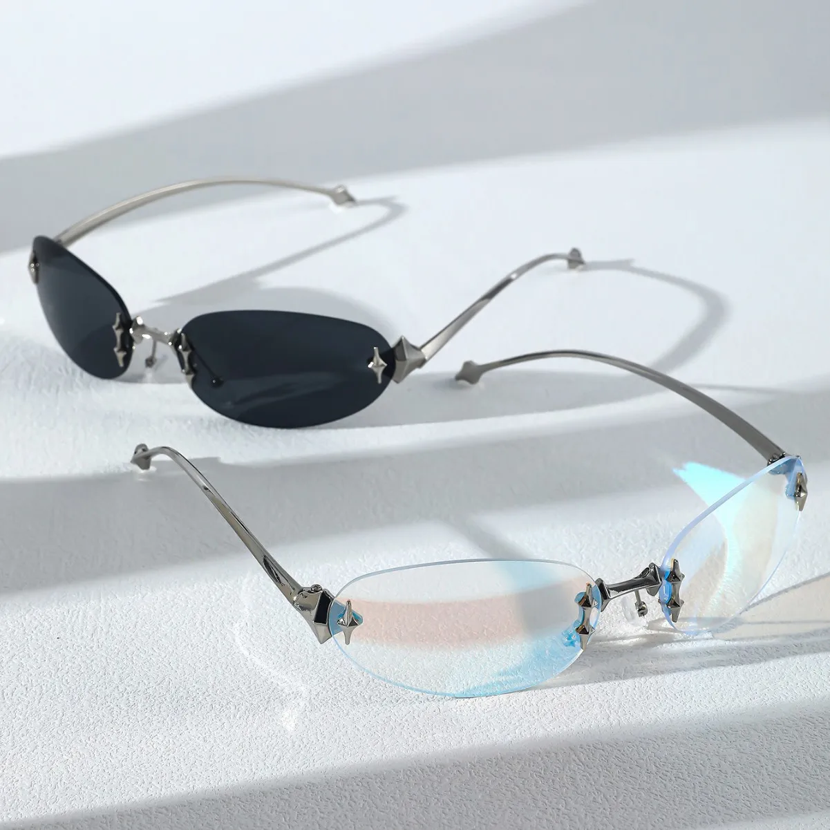 vintage rimless pink mirror Y2K sunglasses for women new fashion alloy star rivet sun glasses ladies hip hop sexy shades driving