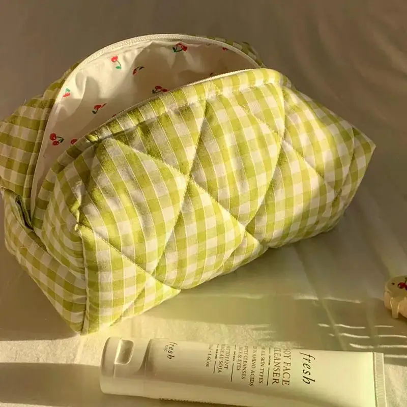 Fashion Checkered Floral Makeup Bag Large Capacity Portable Cosmetic Storage Bag Cotton Quilted Wash Bag Skincare Pouch