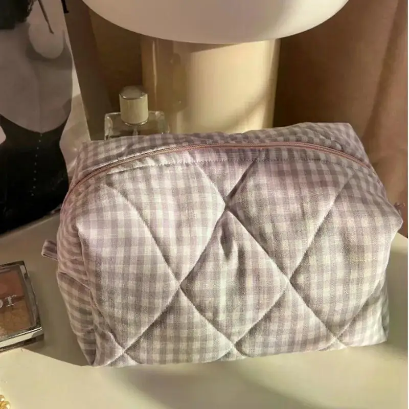 Fashion Checkered Floral Makeup Bag Large Capacity Portable Cosmetic Storage Bag Cotton Quilted Wash Bag Skincare Pouch
