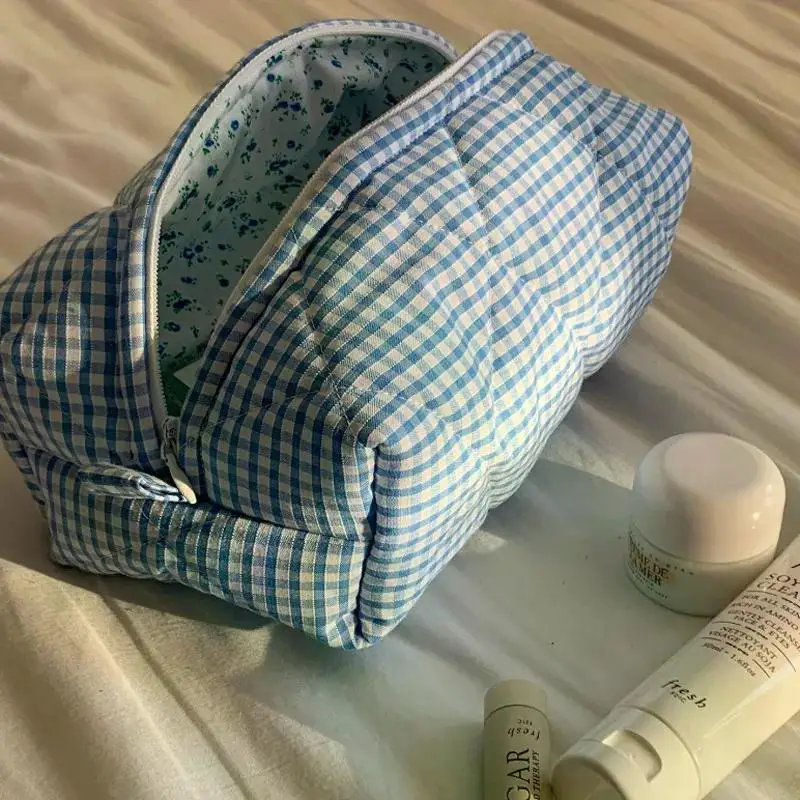 Fashion Checkered Floral Makeup Bag Large Capacity Portable Cosmetic Storage Bag Cotton Quilted Wash Bag Skincare Pouch
