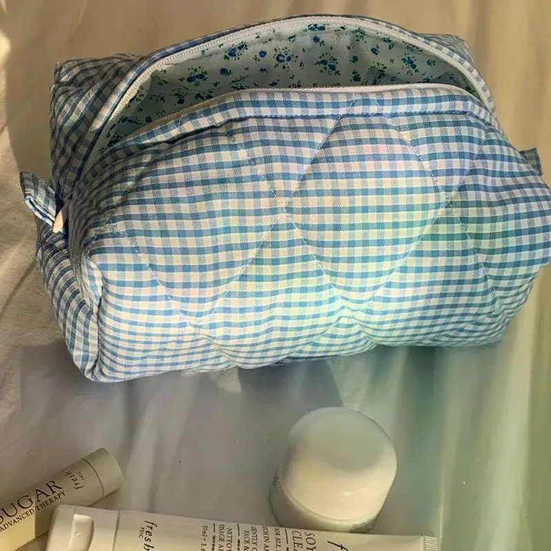 Fashion Checkered Floral Makeup Bag Large Capacity Portable Cosmetic Storage Bag Cotton Quilted Wash Bag Skincare Pouch