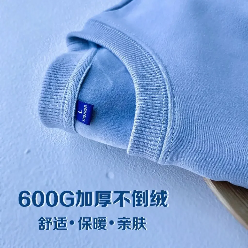 600G Cotton Plush Thickened Sweatshirt Thin Plush Heavyweight Solid Round Neck Sweater Autumn Winter Warm Sweater