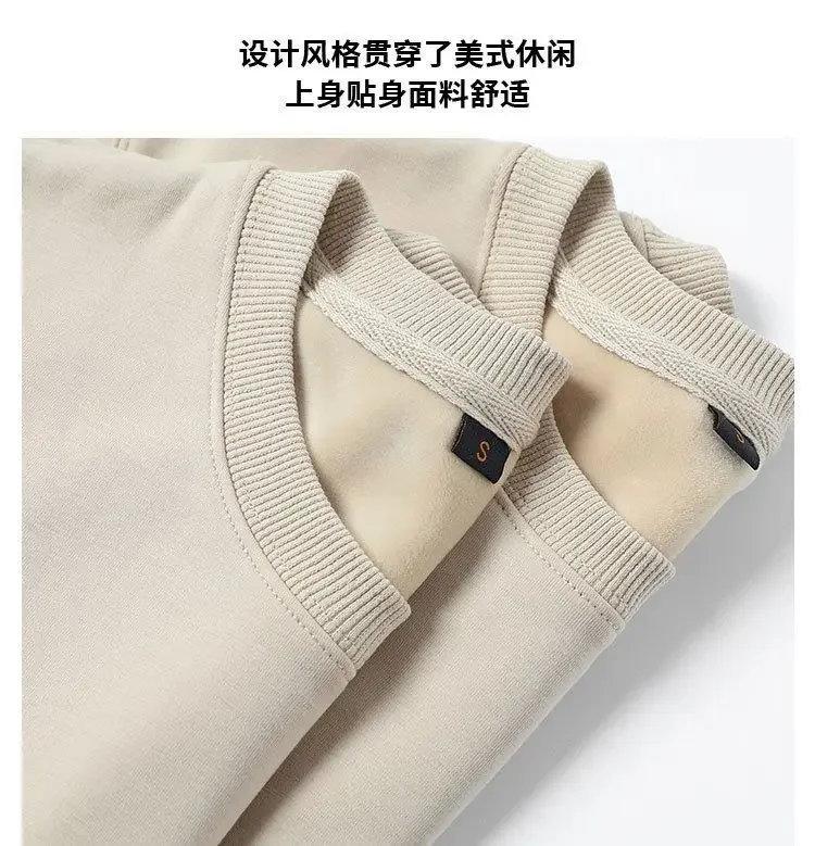 600G Cotton Plush Thickened Sweatshirt Thin Plush Heavyweight Solid Round Neck Sweater Autumn Winter Warm Sweater