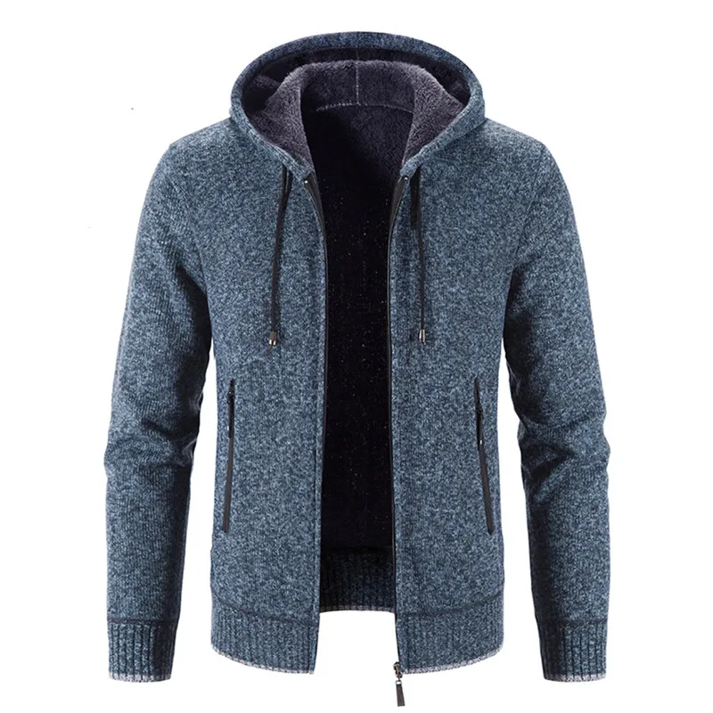 Men‘s Sweater Coat Hooded Cardigan Men Thick Knitted Warm Hooded Cardigan Sweater Jacket Solid Color Zipper Winter Cardigan Men
