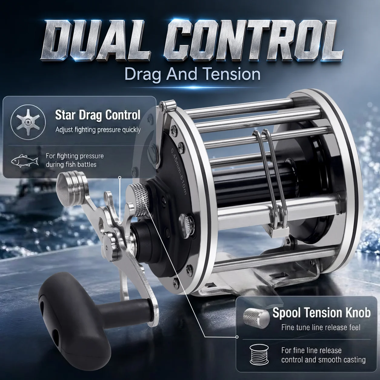 SAMOLLA Strong Trolling Reel Reinforced All Metal Saltwater Sea Boat Fishing Baitcasting Drum Wheel for Catfish Musky Bass Surf