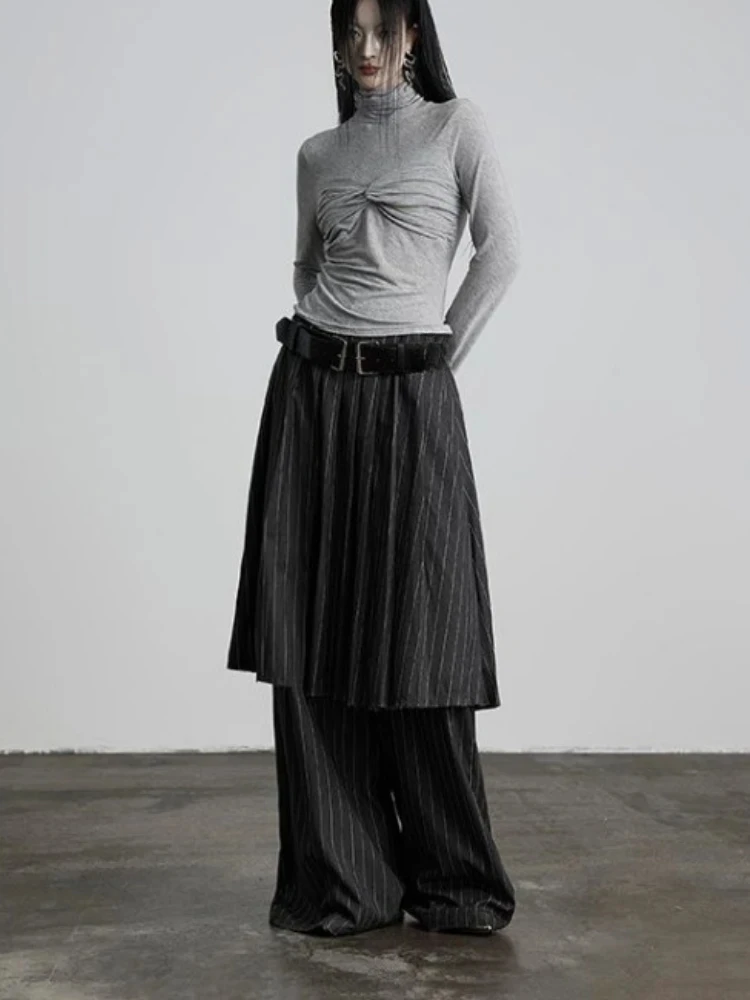 Gothic Harajuku Y2k Wide Leg Pants Women 2025 New Vintage Fake Two Pantalon Femme High Waist Casual Striped Straight Trousers