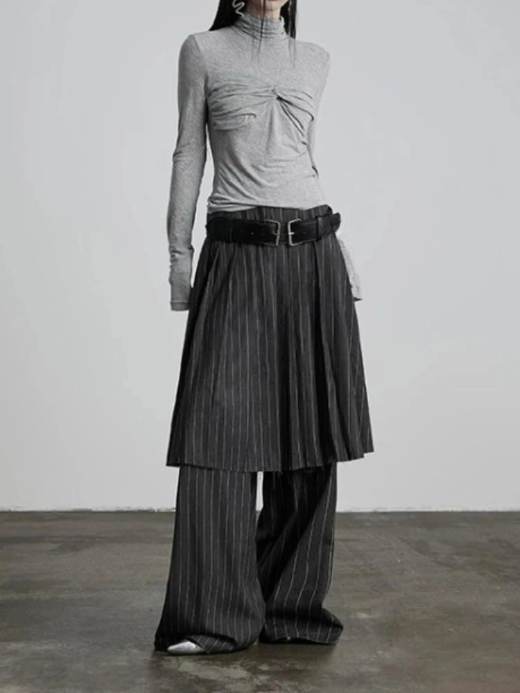 Gothic Harajuku Y2k Wide Leg Pants Women 2025 New Vintage Fake Two Pantalon Femme High Waist Casual Striped Straight Trousers