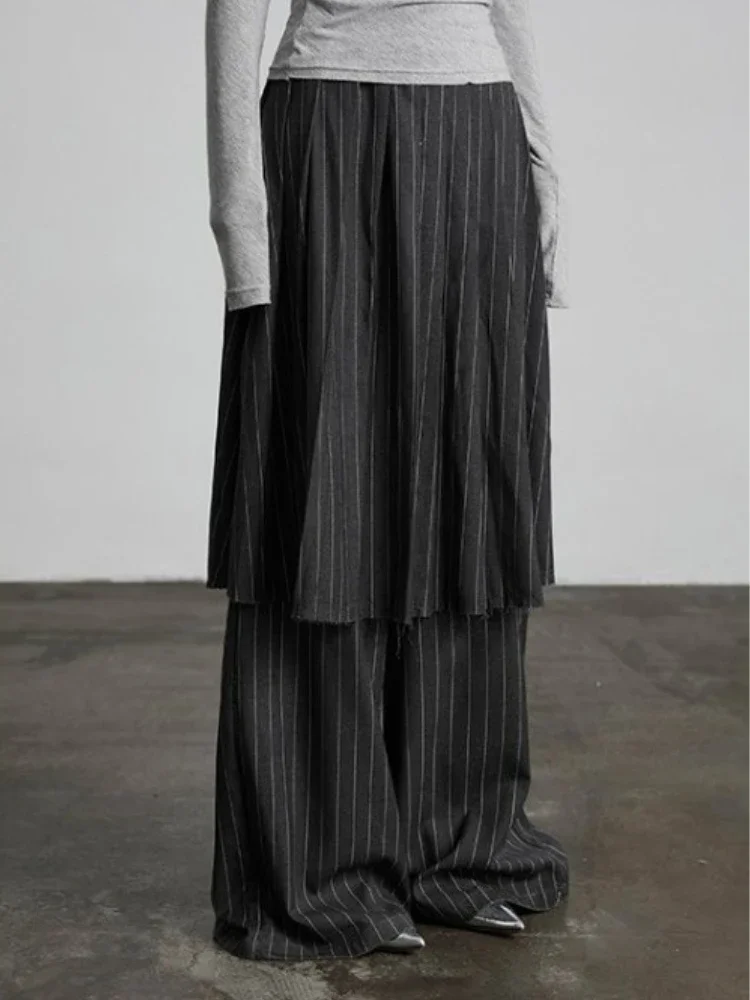 Gothic Harajuku Y2k Wide Leg Pants Women 2025 New Vintage Fake Two Pantalon Femme High Waist Casual Striped Straight Trousers