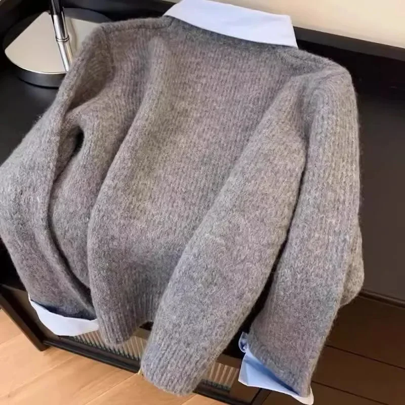 Dog Cartoon Soft Grey Fake Two-piece Shirt Collar Knitted Sweater Women's Top 2025 Autumn New Item Lapel Sweater Winter Female