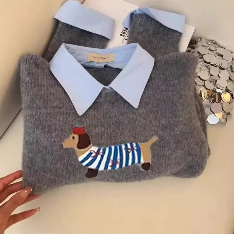 Dog Cartoon Soft Grey Fake Two-piece Shirt Collar Knitted Sweater Women's Top 2025 Autumn New Item Lapel Sweater Winter Female